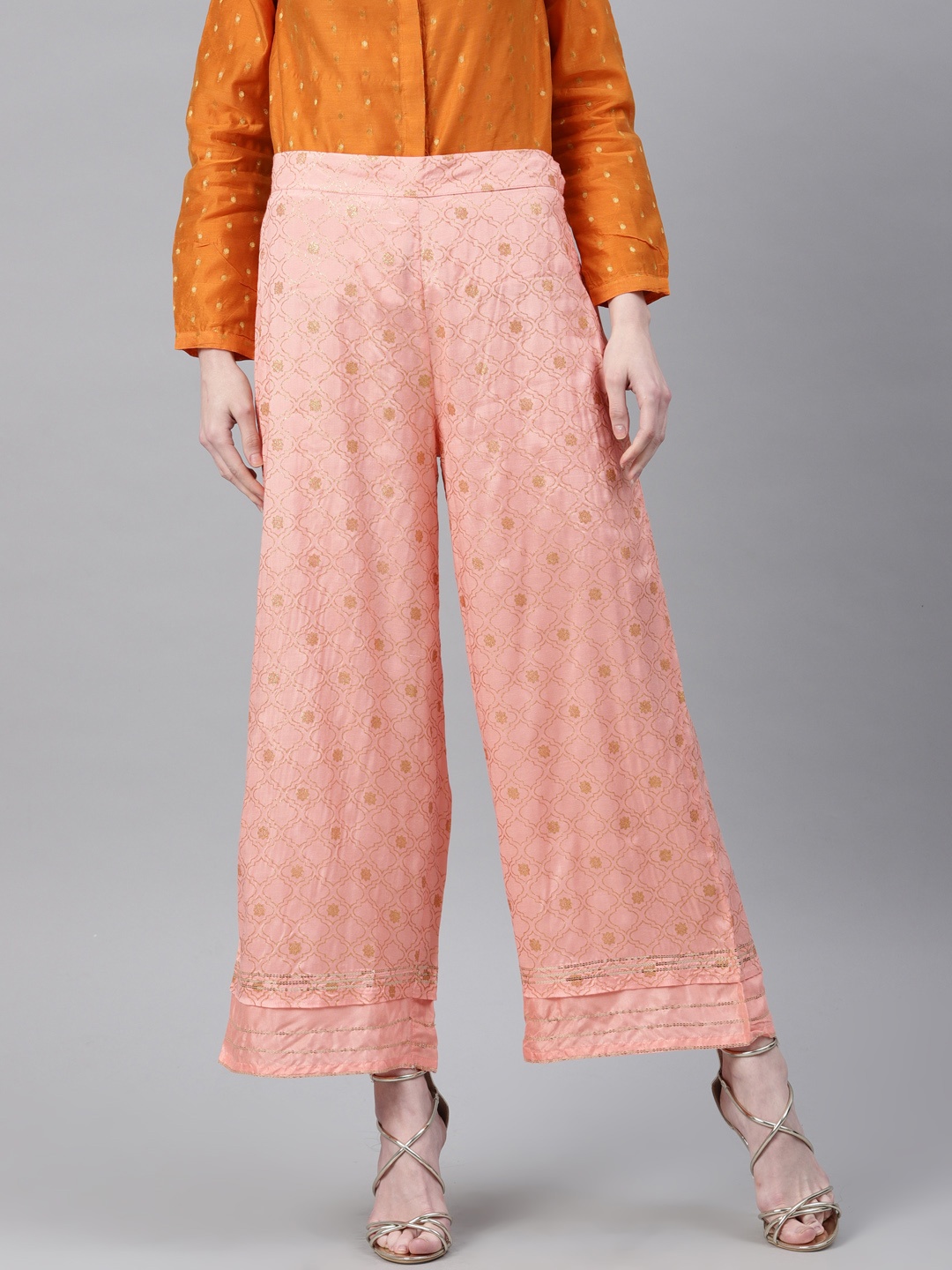 

W Women Peach-Coloured & Golden Printed Wide Leg Palazzos