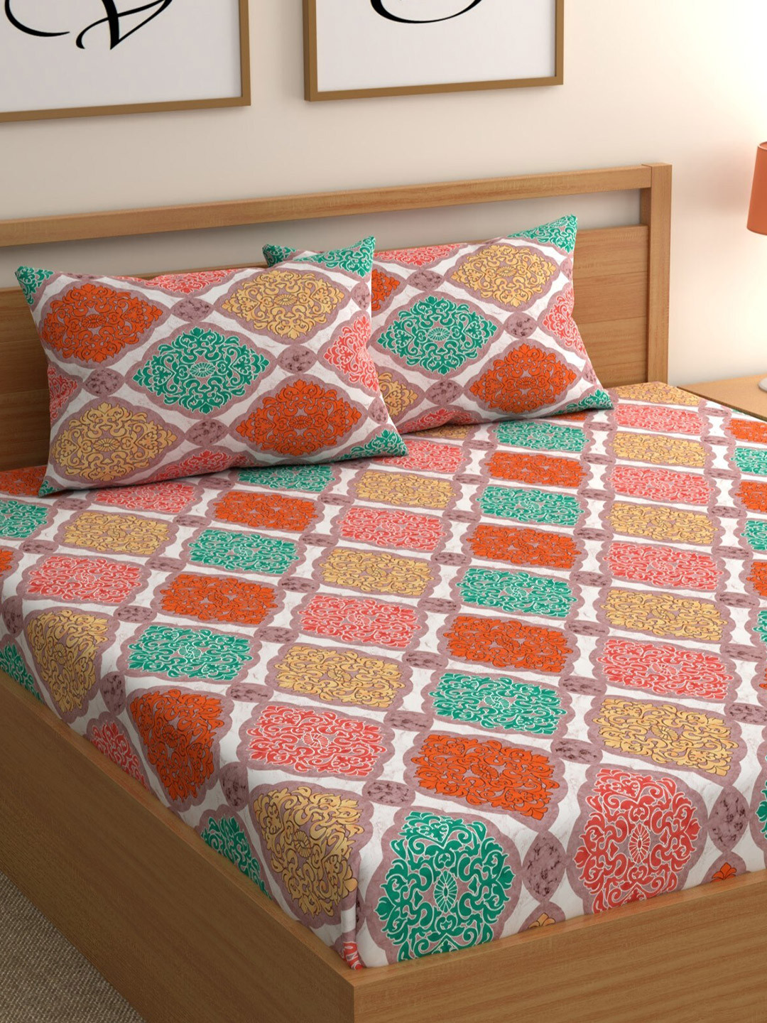 

CG HOMES Orange & Green Ethnic Motifs 180 TC Queen Bedsheet With 2 Pillow Covers