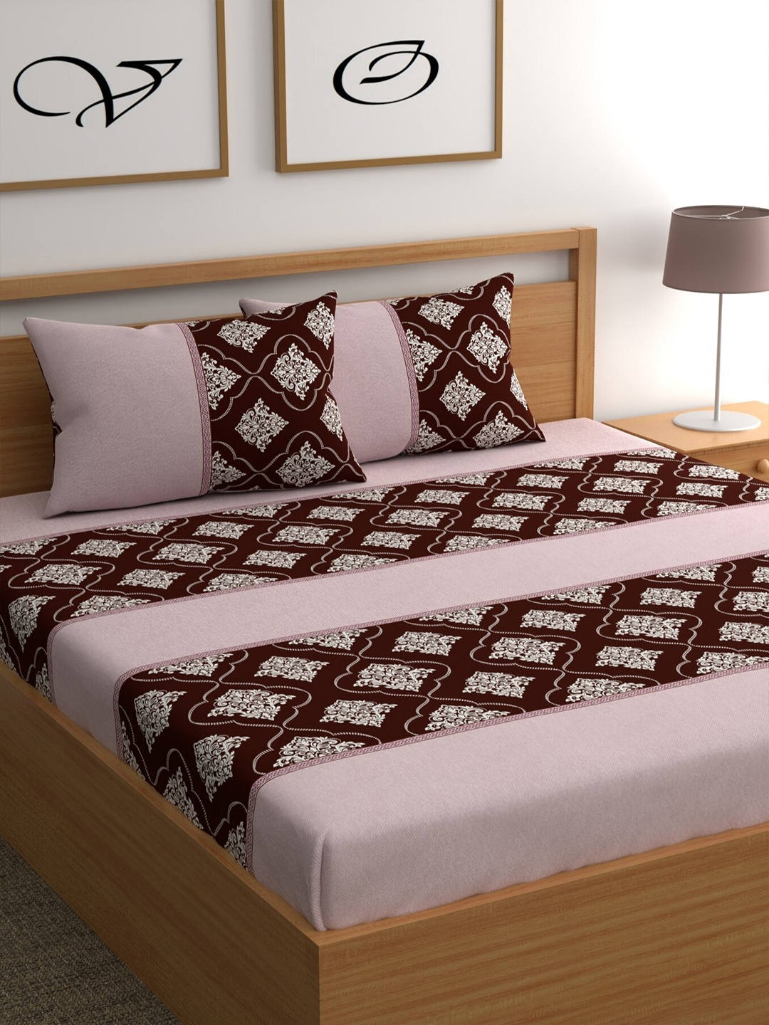 

CG HOMES Pink & Brown Ethnic Motifs Printed 180 TC Queen Bedsheet & 2 Pillow Covers