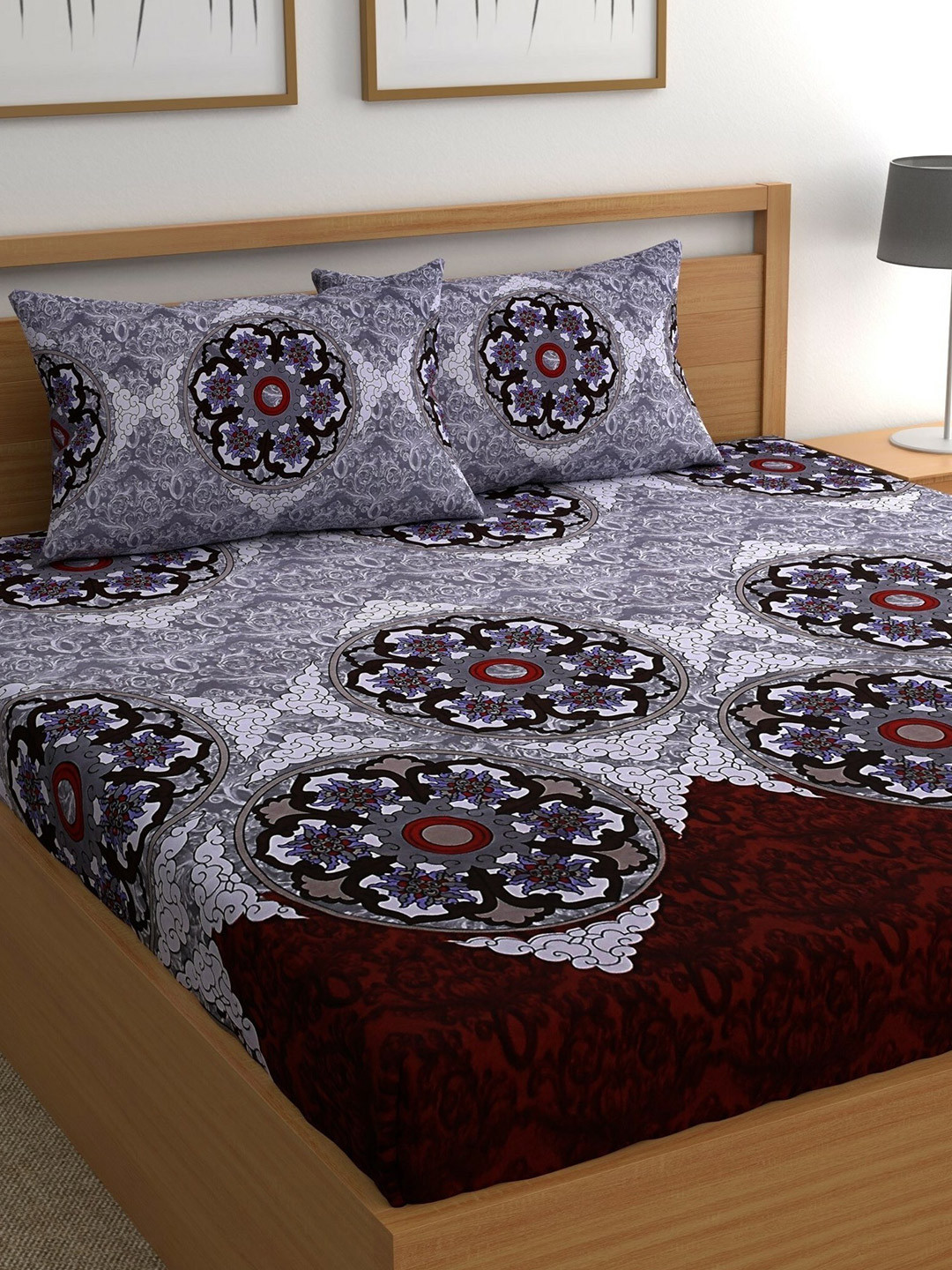 

CG HOMES Grey & White Ethnic Motifs 180 TC Queen Bedsheet With 2 Pillow Covers