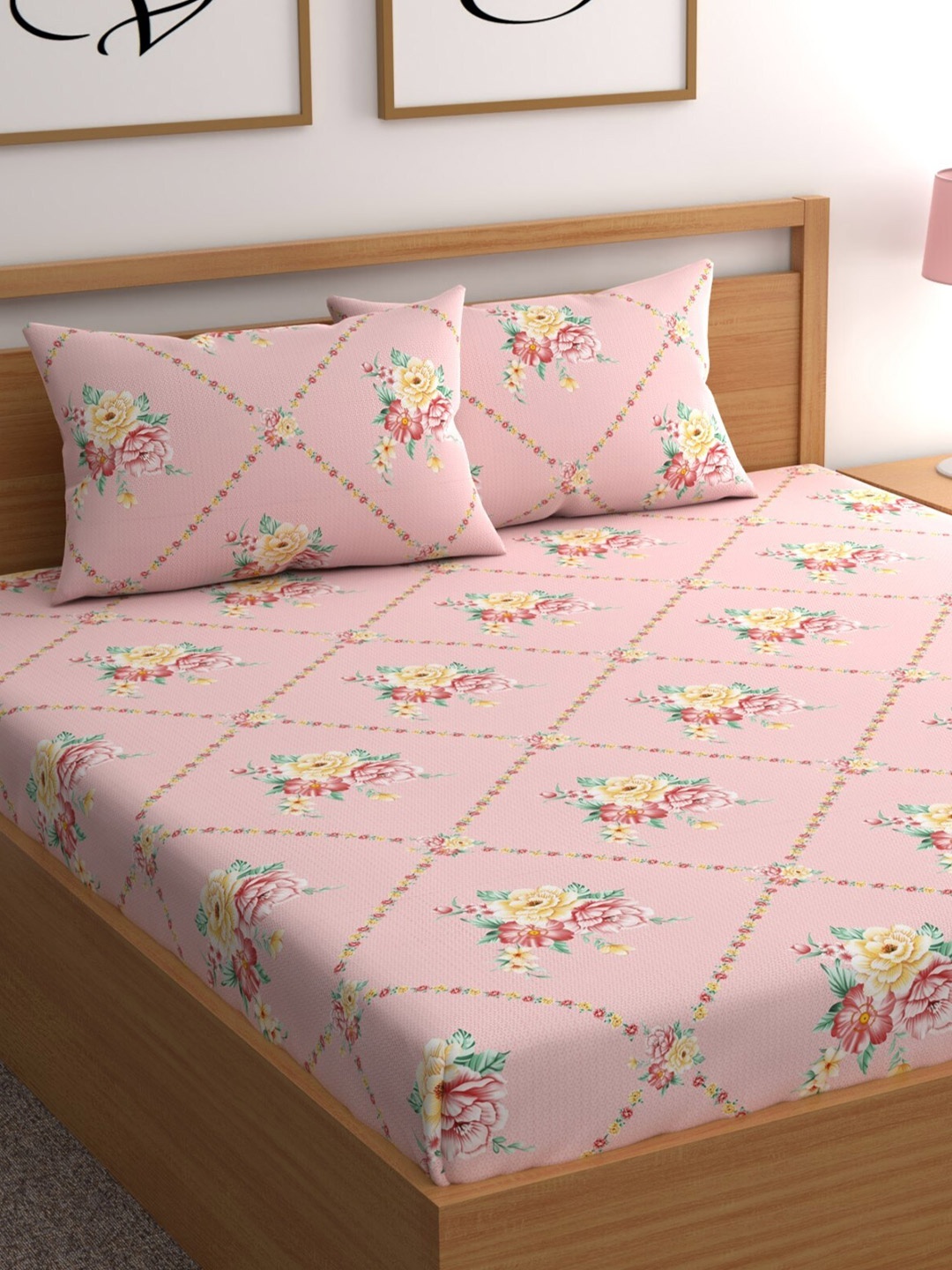 

CG HOMES Pink & Yellow Floral Printed 180 TC Queen Bedsheet & 2 Pillow Covers