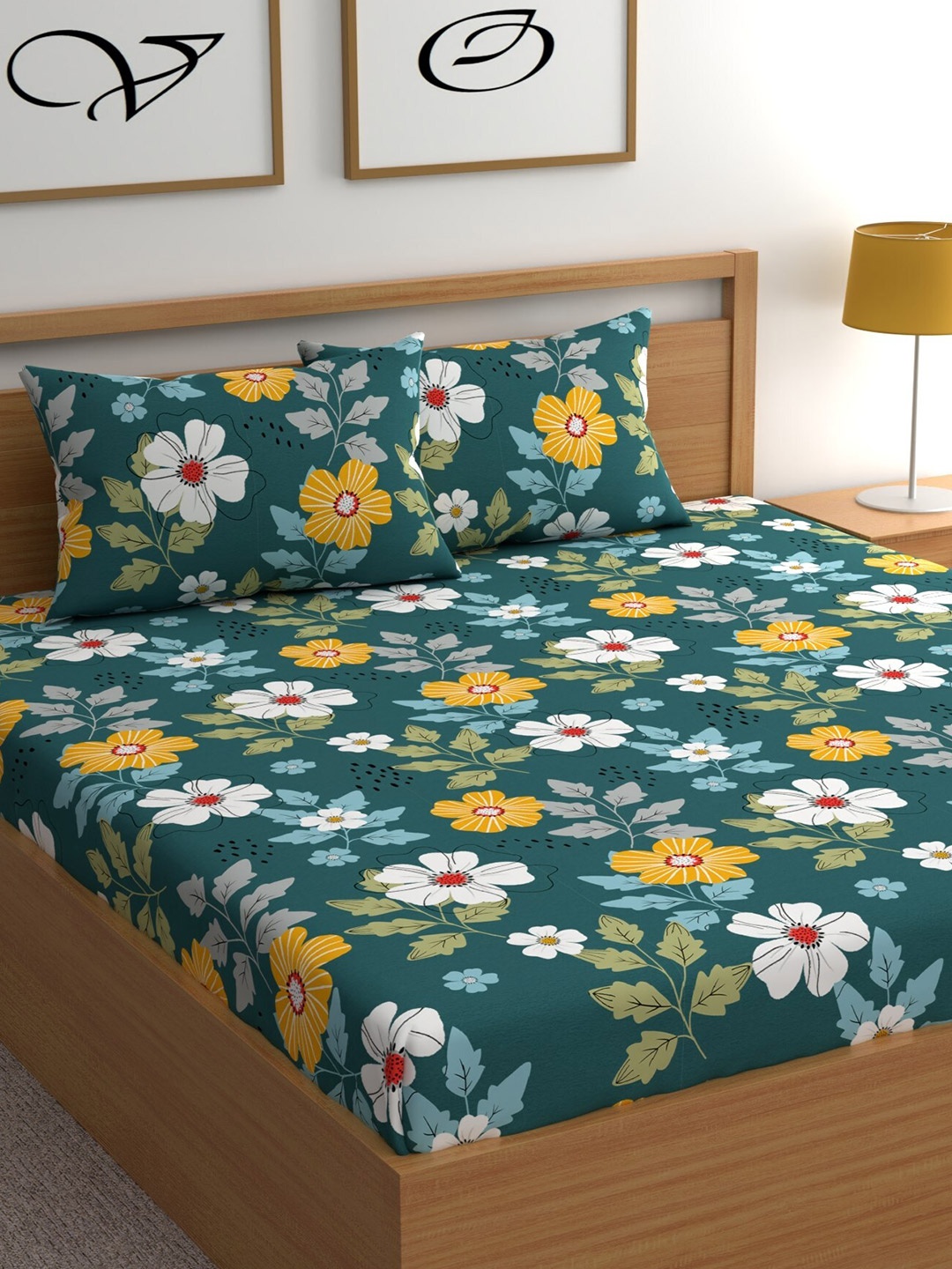 

CG HOMES Blue & Yellow Floral Printed 180 TC Queen Bedsheet & 2 Pillow Covers