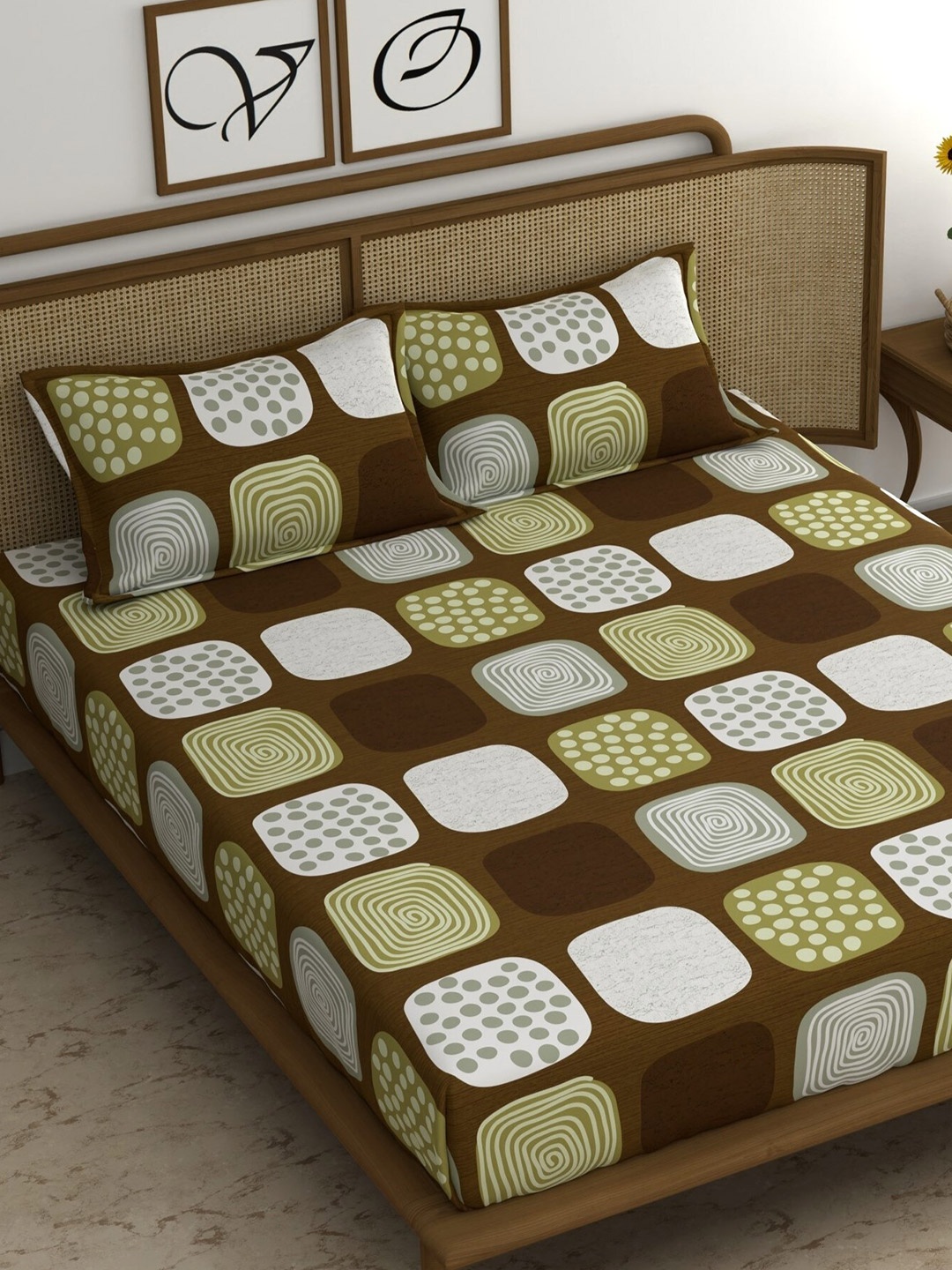

CG HOMES Brown & Green Printed 180 TC Queen Bedsheet & 2 Pillow Covers