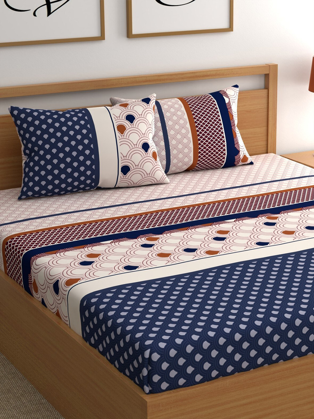 

CG HOMES Beige & Blue Geometric 180 TC Queen Bedsheet With 2 Pillow Covers
