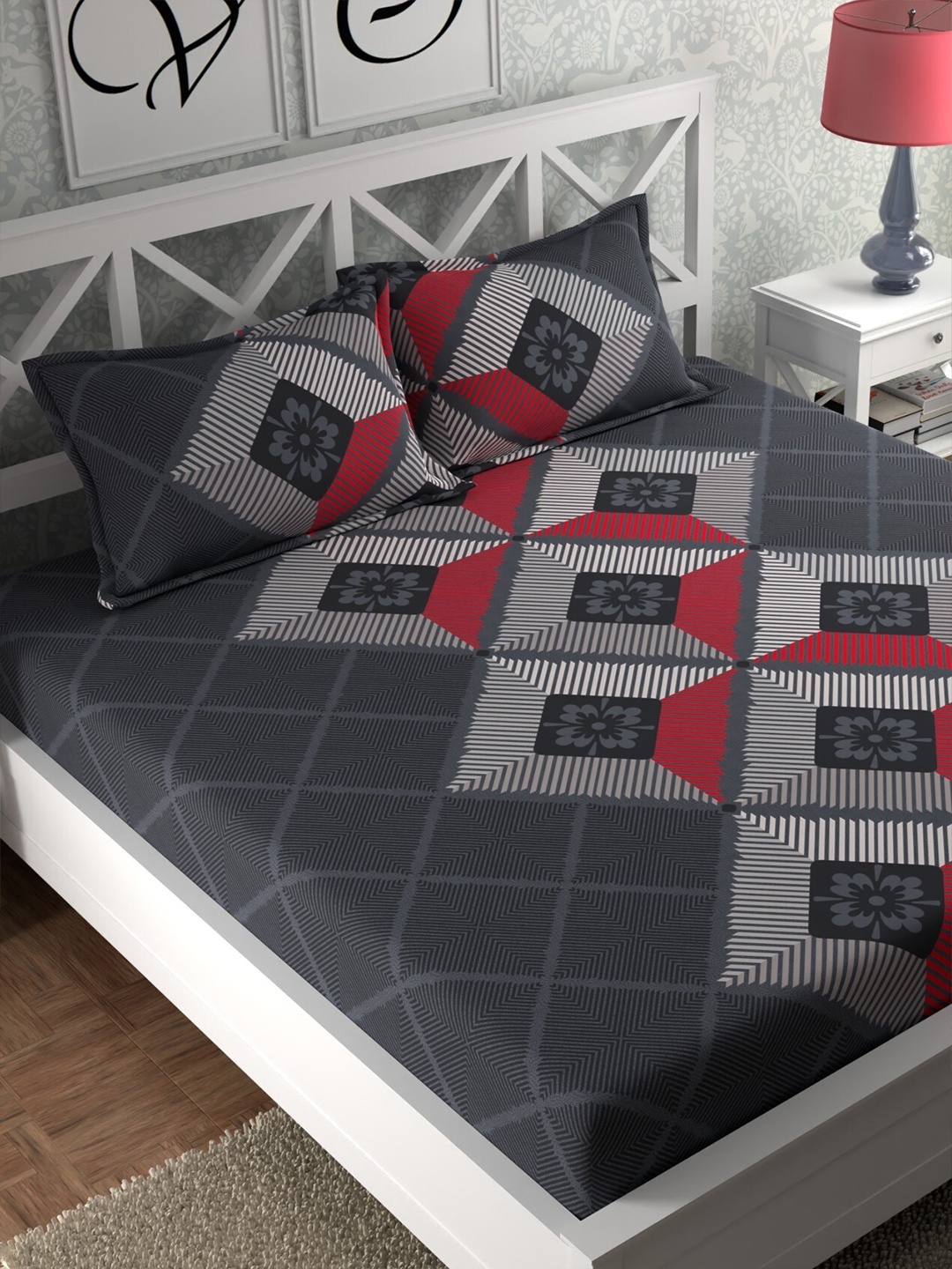 

CG HOMES Grey & Red Geometric 180 TC Queen Bedsheet With 2 Pillow Covers