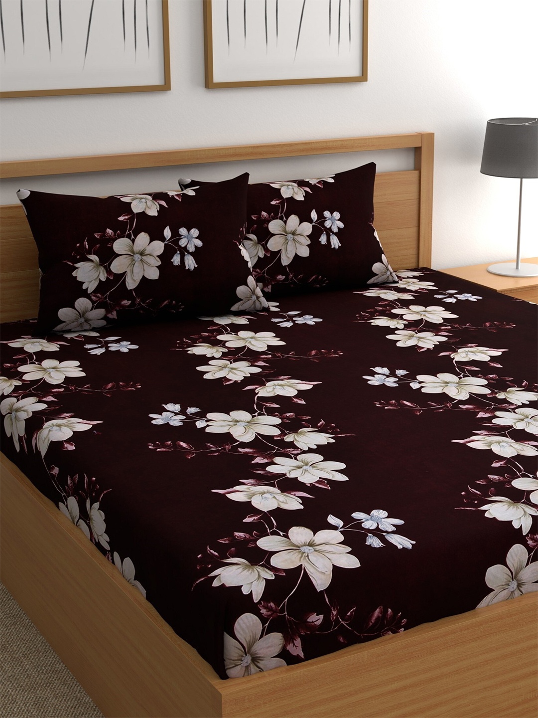 

CG HOMES Brown & White Floral 180 TC Queen Bedsheet With 2 Pillow Covers