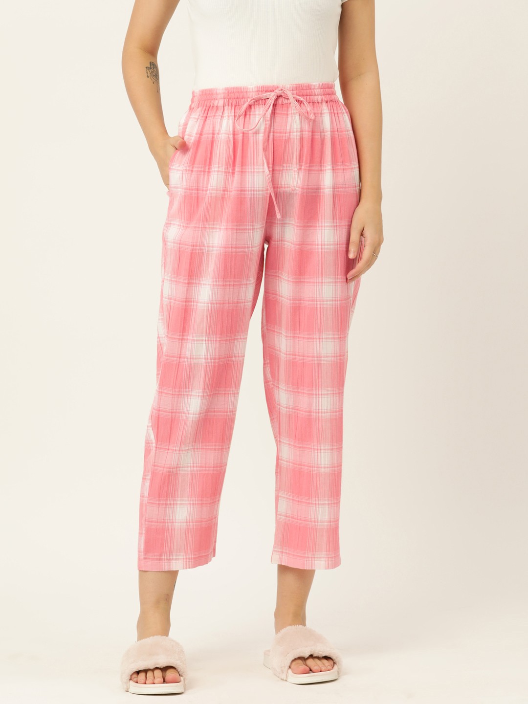 

ETC Checked Pure Cotton Lounge Pants, Pink
