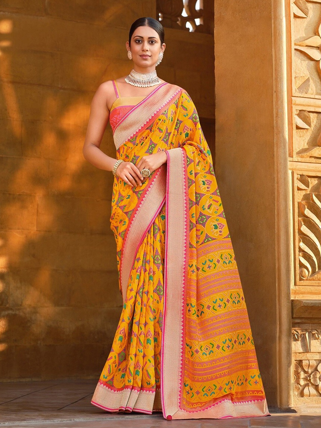 

Phenav Ethnic Motifs Zari Border Ikat Silk Saree with Blouse, Yellow