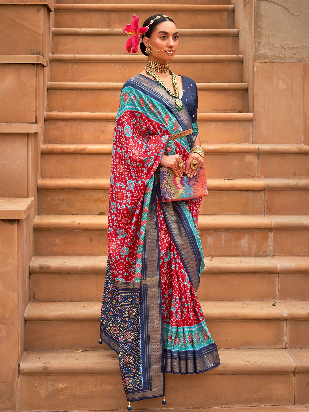 

Phenav Ethnic Motifs Zari Border Ikat Silk Saree with Blouse, Red