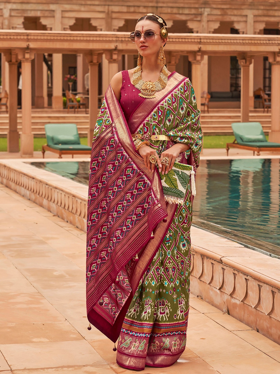 

Phenav Ethnic Motifs Zari Border Ikat Silk Saree with Blouse, Green