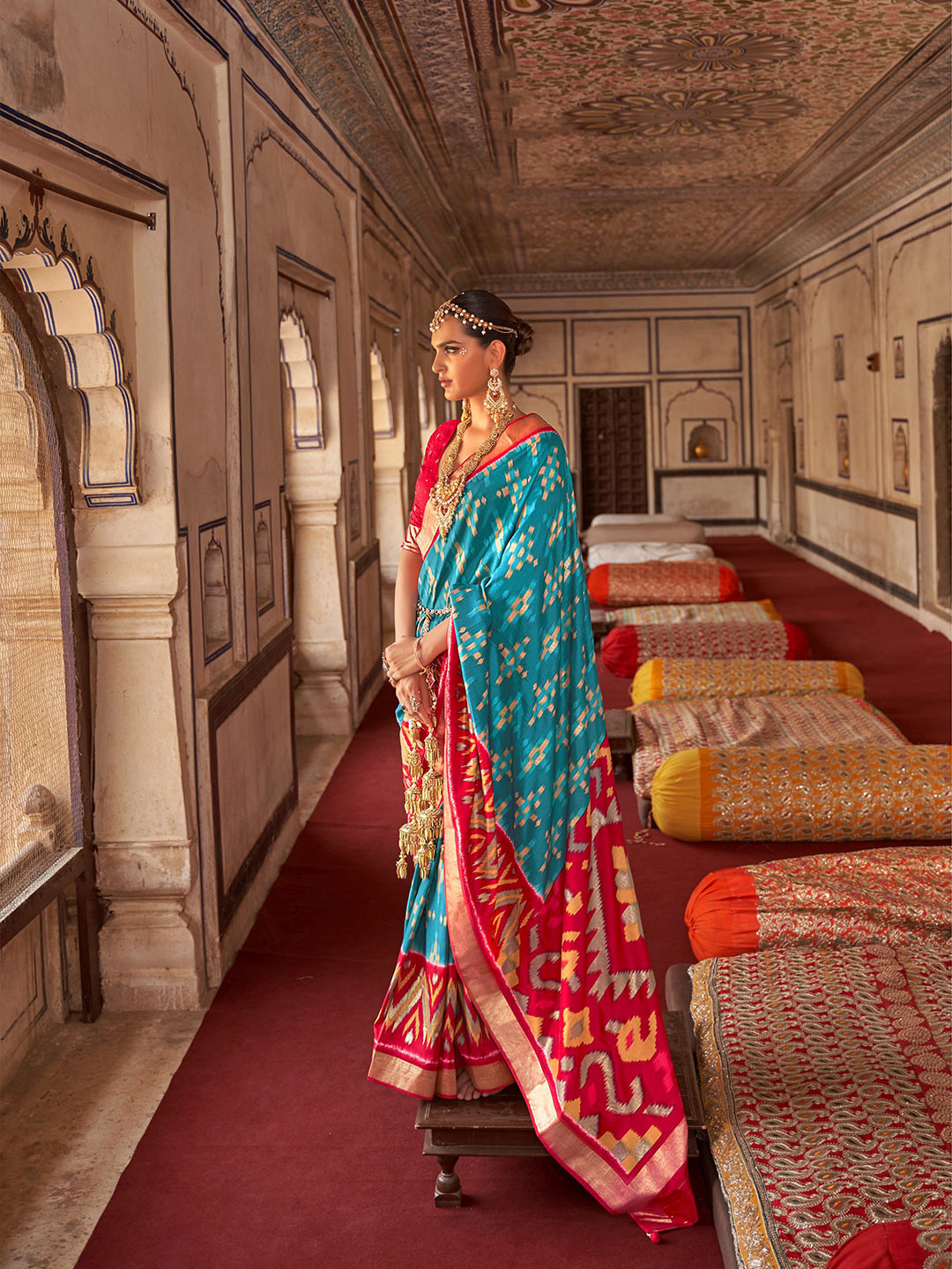 

Phenav Ethnic Motifs Printed Zari Border Ikat Silk Saree with Blouse, Blue