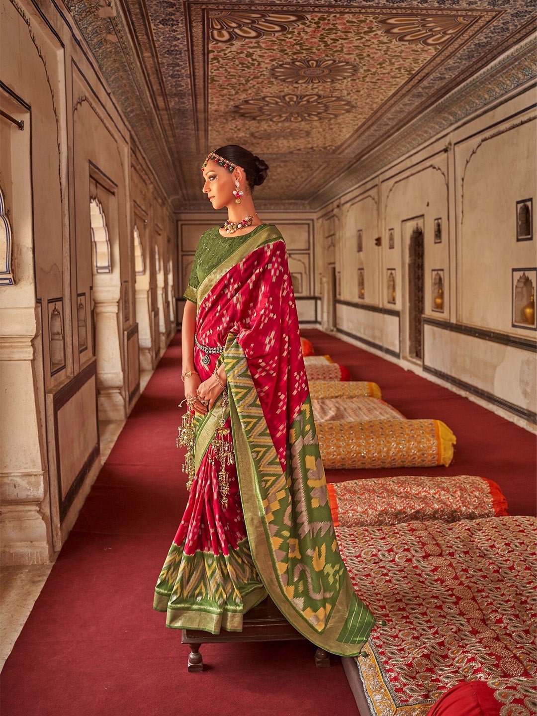 

Phenav Ethnic Motifs Zari Border Ikat Silk Saree with Blouse, Orange