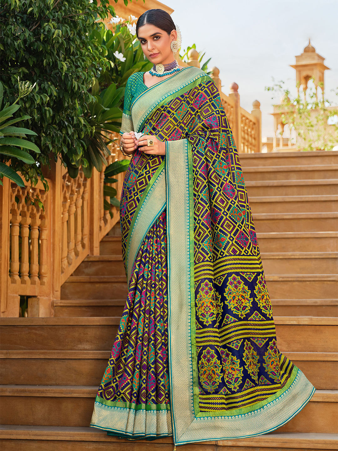 

Phenav Ethnic Motifs Zari Border Ikat Silk Saree with Blouse, Red