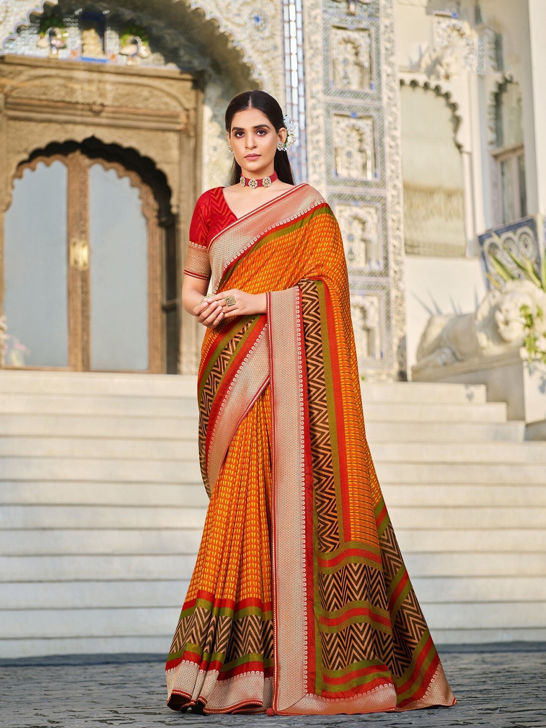 

Phenav Ethnic Motifs Zari Border Ikat Silk Saree with Blouse, Orange
