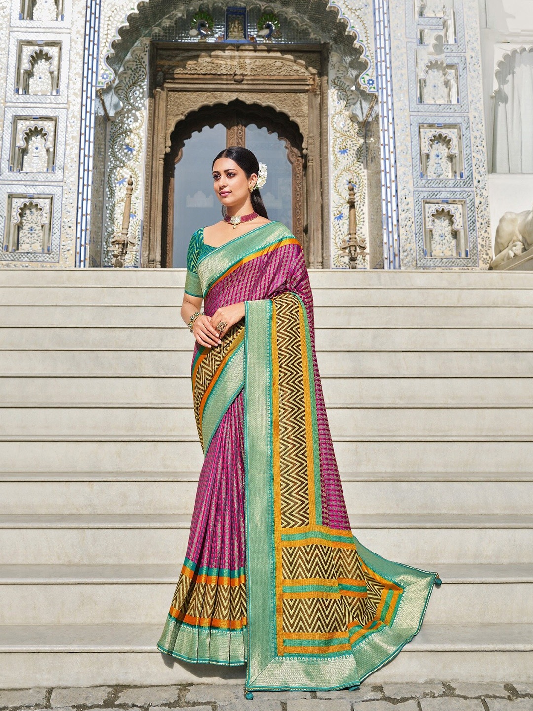 

Phenav Ethnic Motifs Zari Border Ikat Silk Saree with Blouse, Pink
