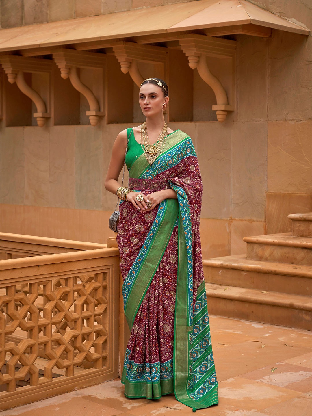 

Phenav Ethnic Motifs Zari Border Ikat Silk Saree with Blouse, Pink