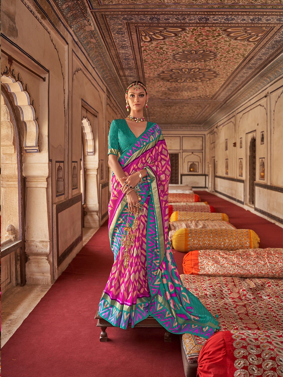 

Phenav Ethnic Motifs Zari Border Ikat Silk Saree with Blouse, Blue