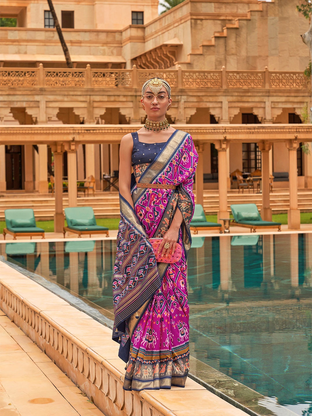 

Phenav Ethnic Motifs Printed Zari Border Ikat Silk Saree with Blouse, Pink
