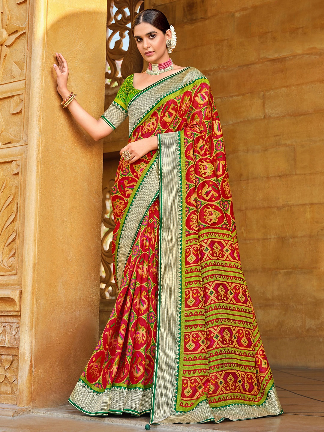 

Phenav Ethnic Motifs Zari Border Ikat Silk Saree with Blouse, Red