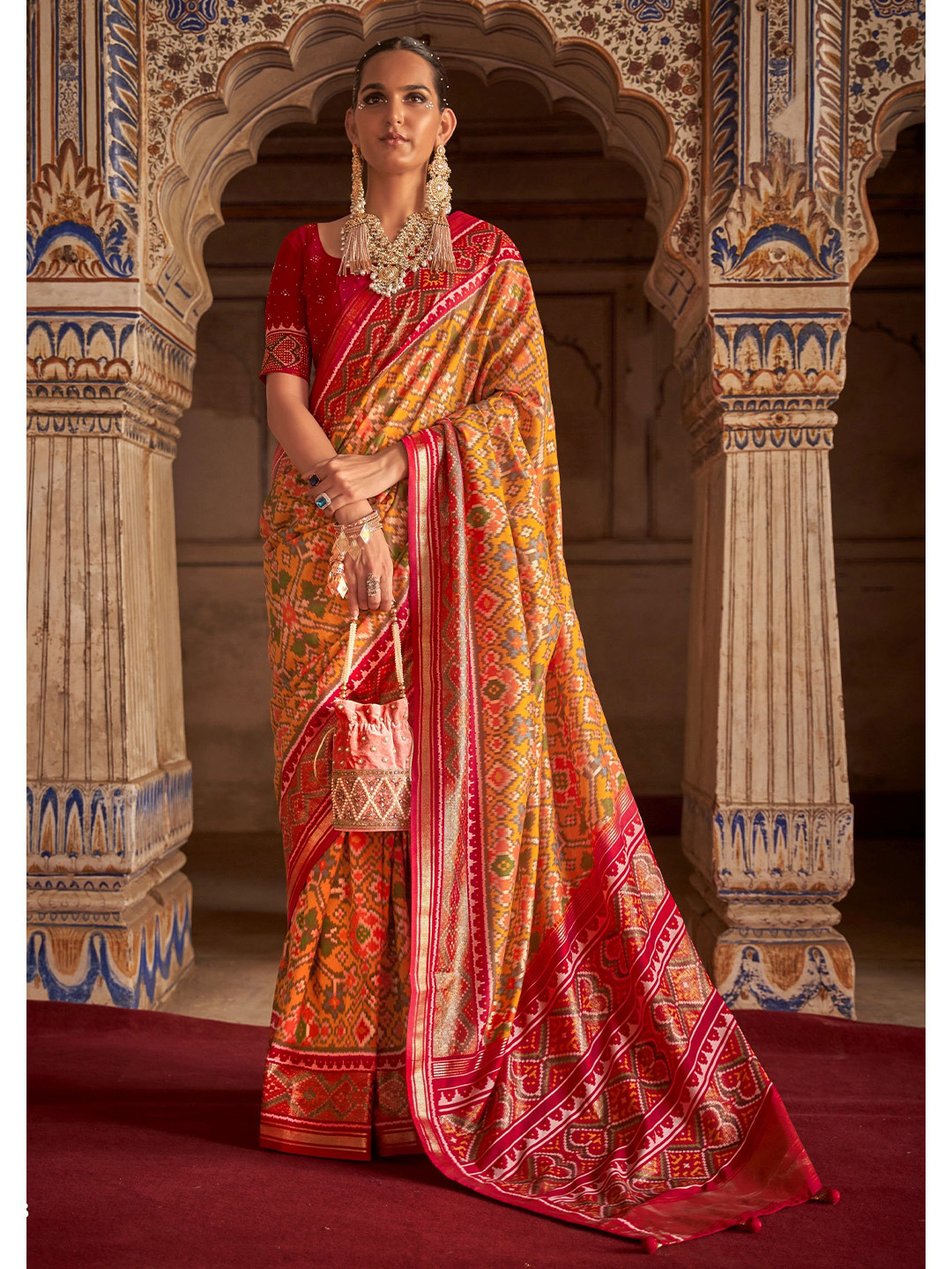 

Phenav Ethnic Motifs Printed Zari Border Ikat Silk Saree with Blouse, Yellow