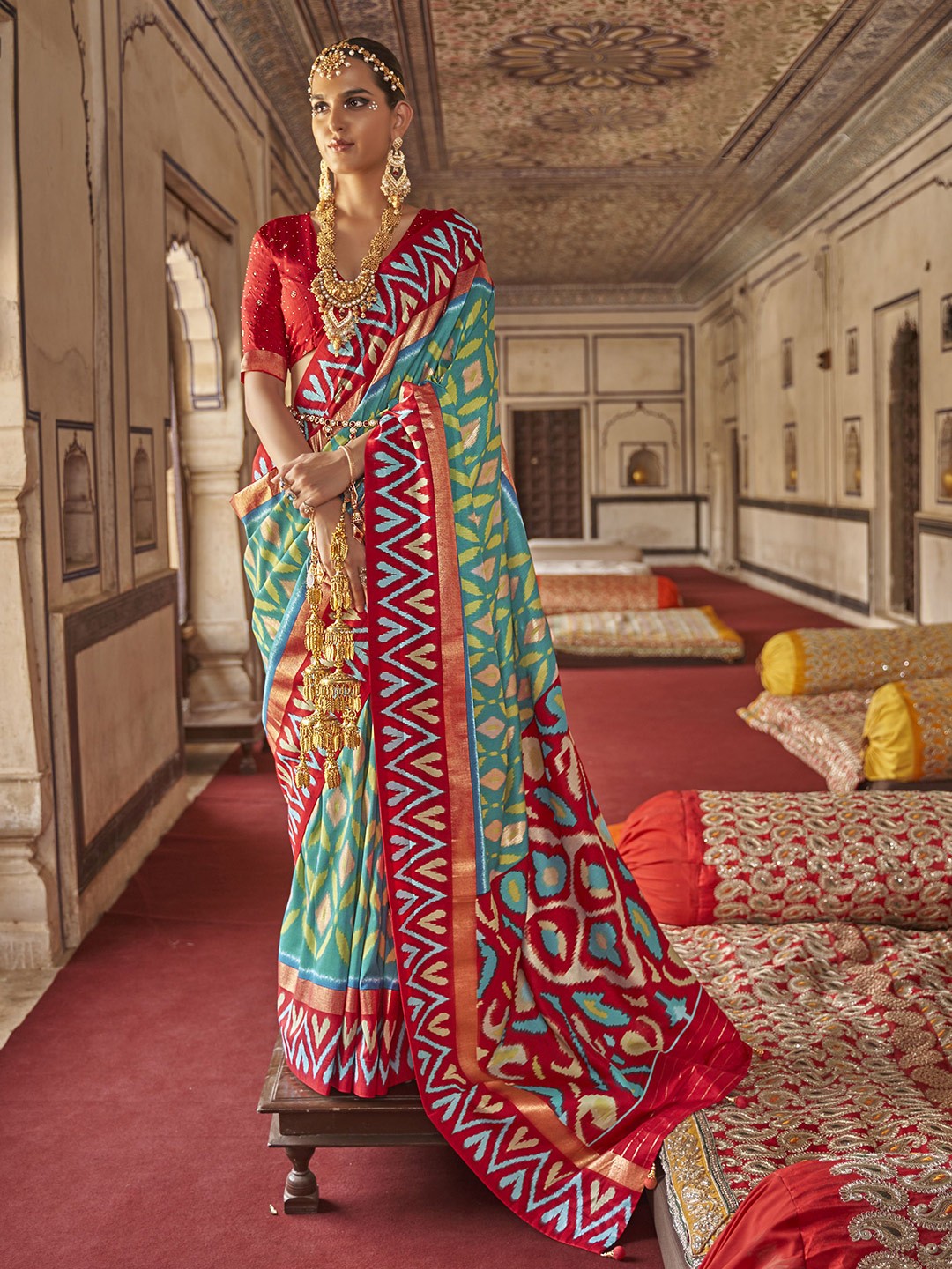 

Phenav Ethnic Motifs Zari Border Ikat Silk Saree with Blouse, Red