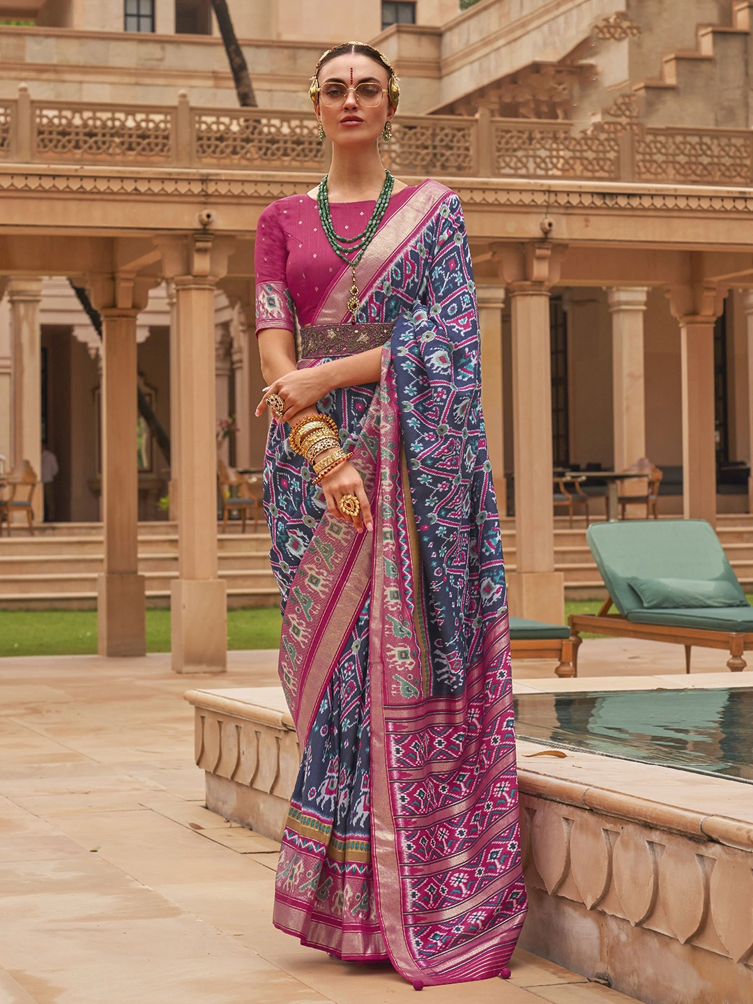 

Phenav Ethnic Motifs Printed Zari Border Ikat Silk Saree with Blouse, Pink