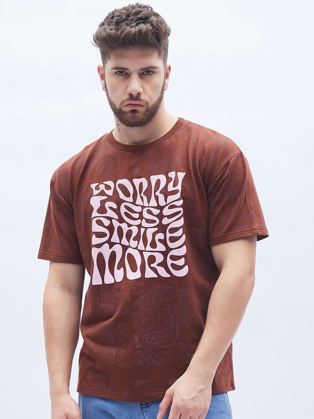 

FUGAZEE Brown & Pink Typography Printed Round Neck Pure Cotton T-shirt