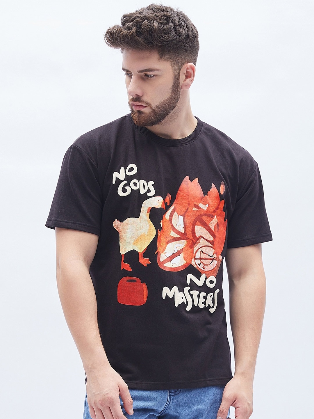 

FUGAZEE Black & Orange Graphic Printed Round Neck Pure Cotton T-shirt