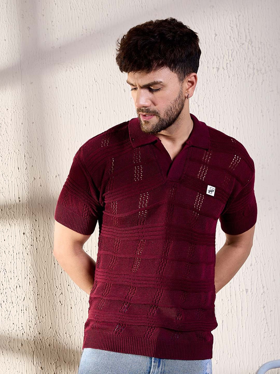 

FUGAZEE Maroon Self Design Polo Collar Oversize Fit Pure Cotton T-shirt