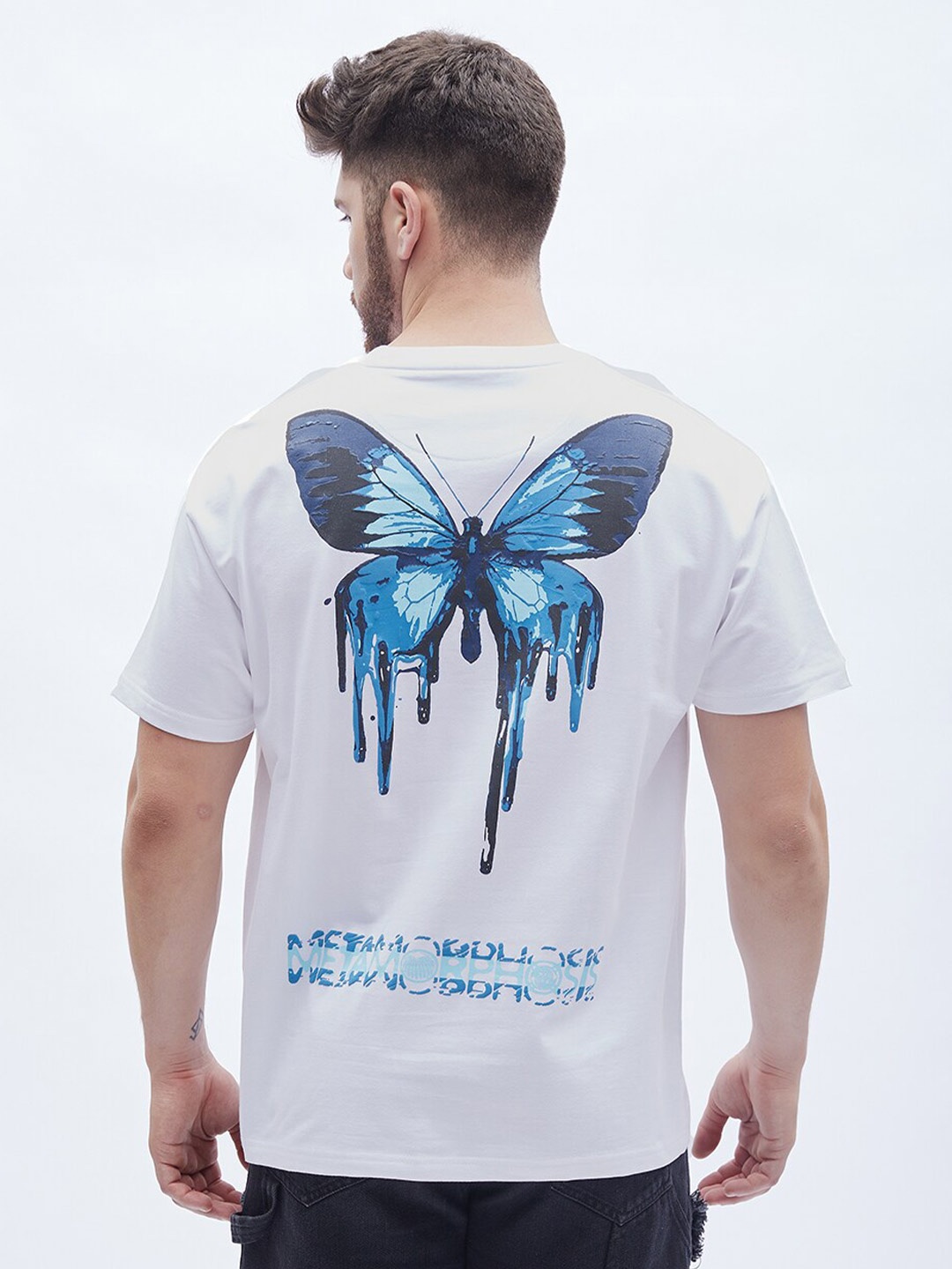 

FUGAZEE White & Blue Graphic Printed Oversized Fit Pure Cotton Casual T-Shirt