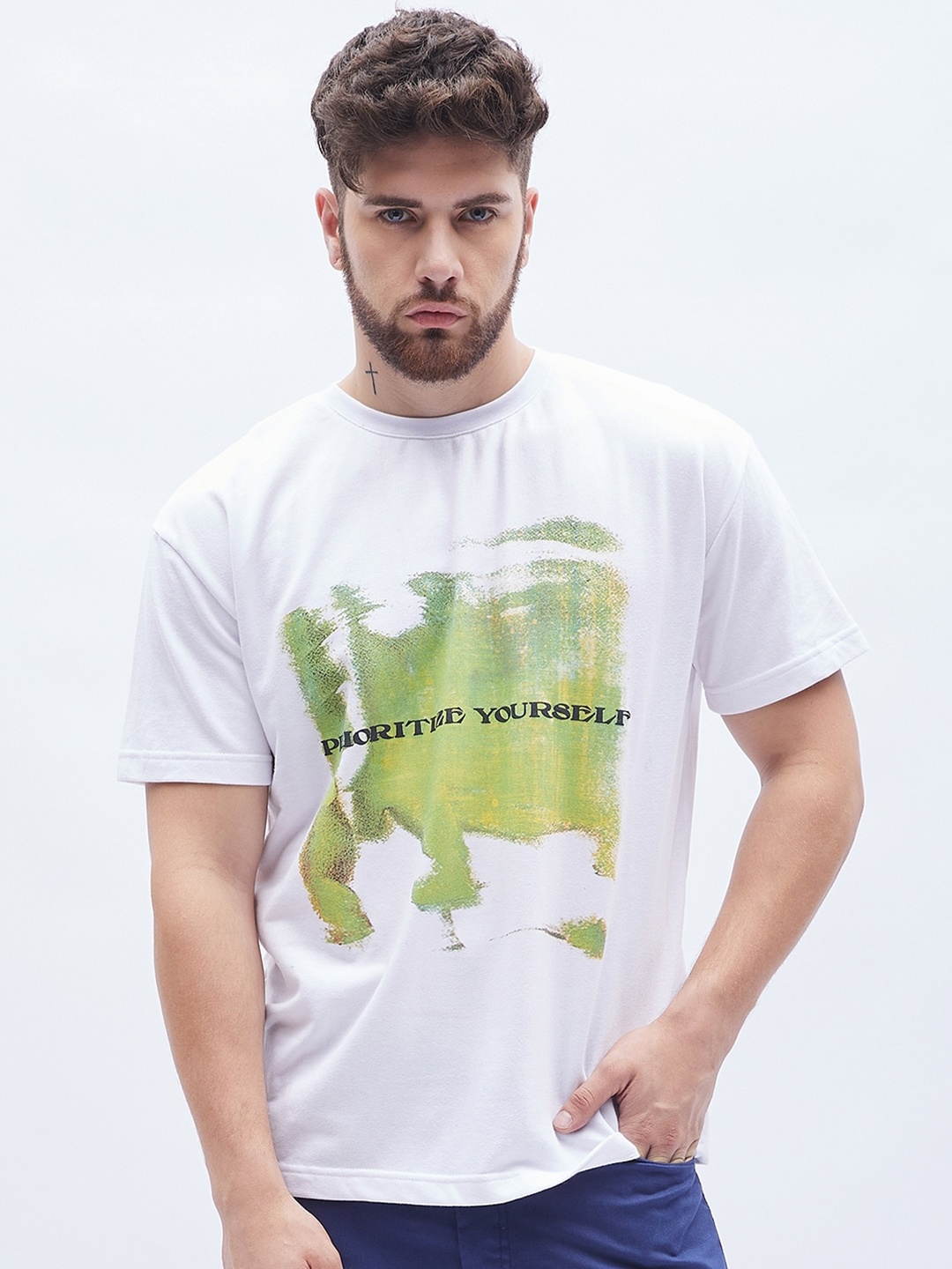 

FUGAZEE White Graphic Printed Pure Cotton Oversized T-shirt