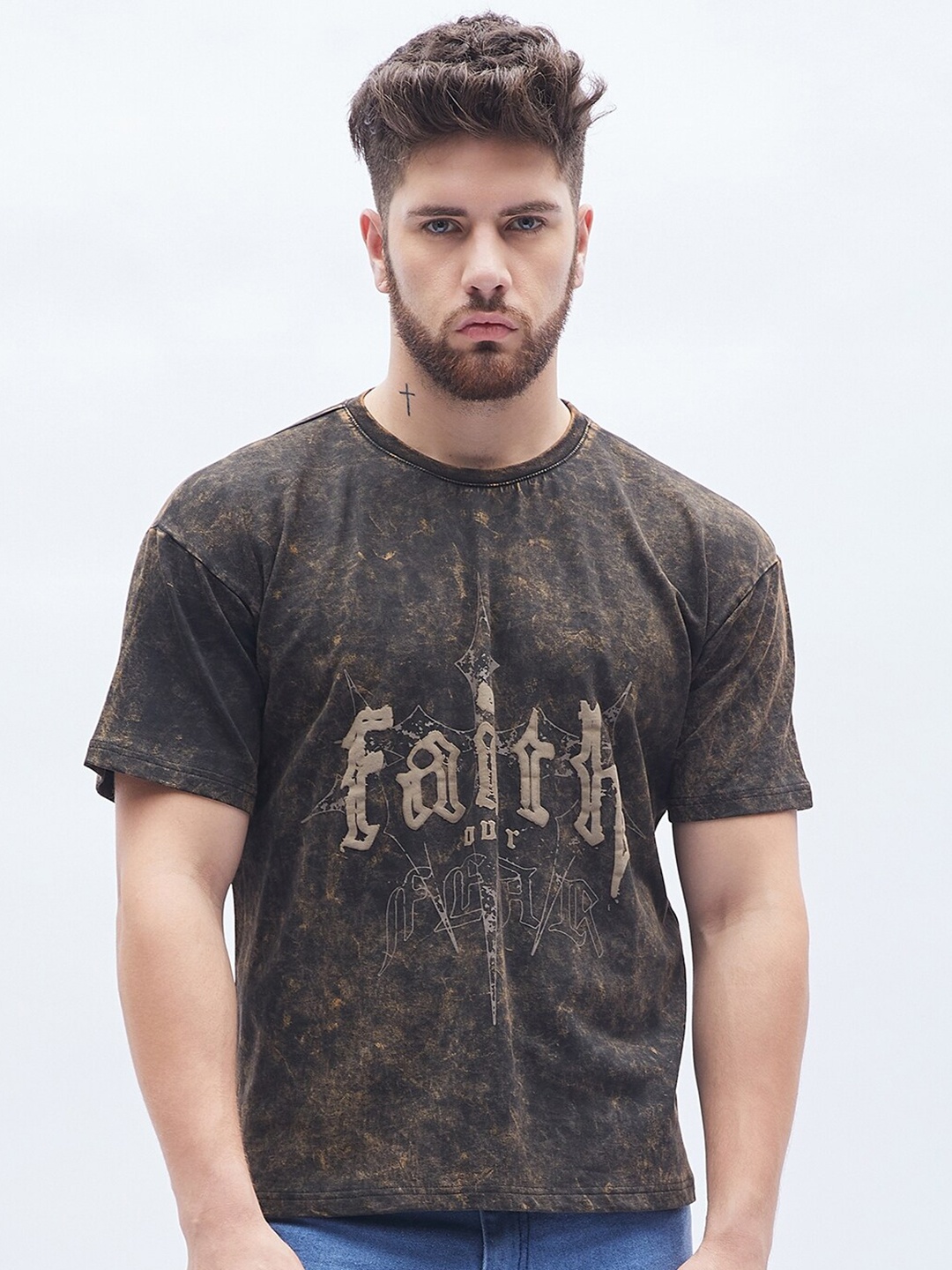 

FUGAZEE Typography Printed Oversized Pure Cotton T-shirt, Brown