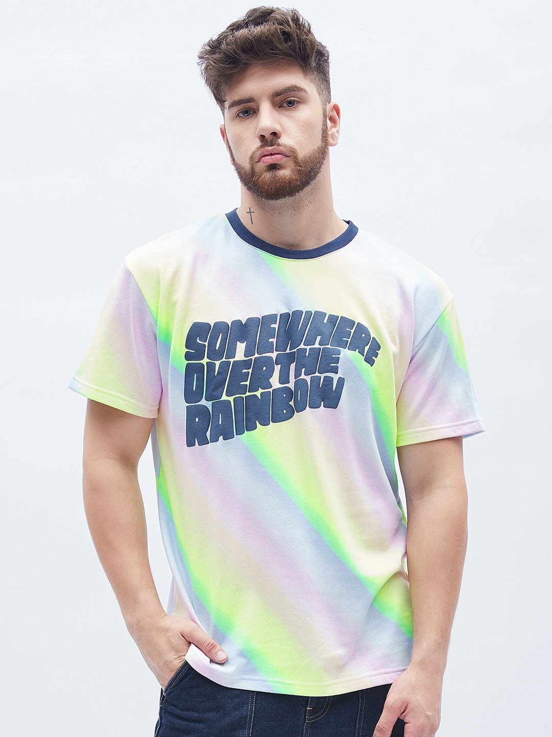 

FUGAZEE Multicoloured Typography Printed Oversize Fit Pure Cotton T-shirt, Multi