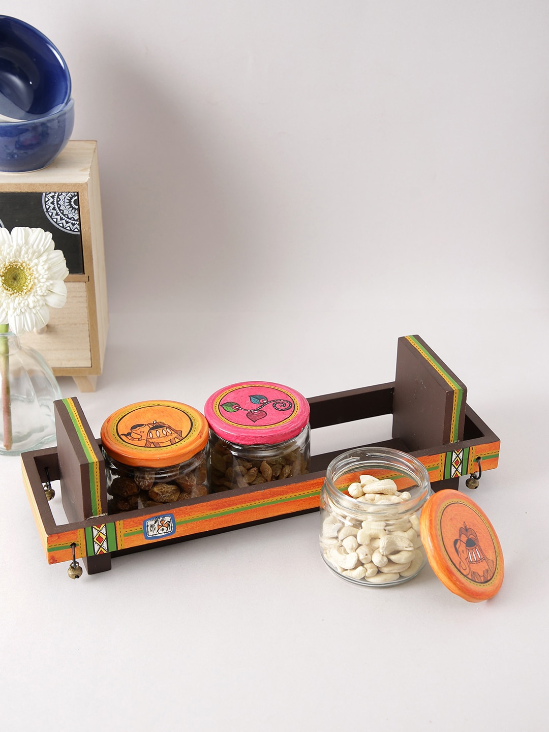 

Aapno Rajasthan Brown & Orange 4 Pieces Glass Jars With Wooden Tray