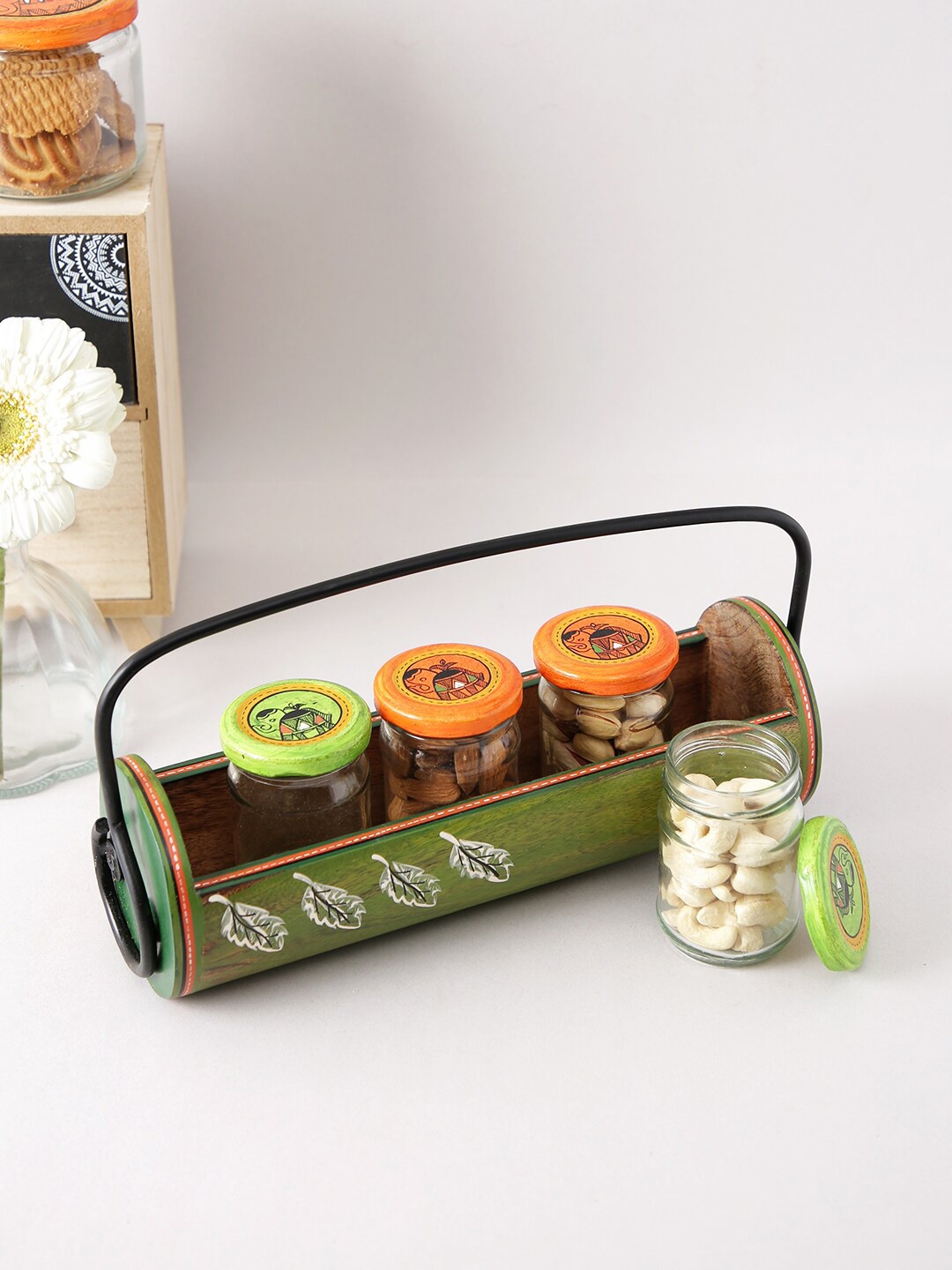 

Aapno Rajasthan Green & Brown 4 Pieces Snacks Containers with Wooden Tray