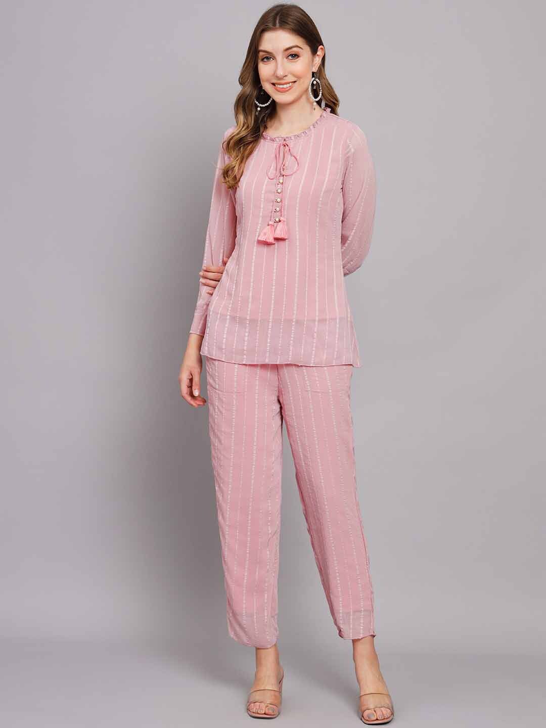 

KALINI Striped Tie-Ups Neck Tunic With Trouser, Pink