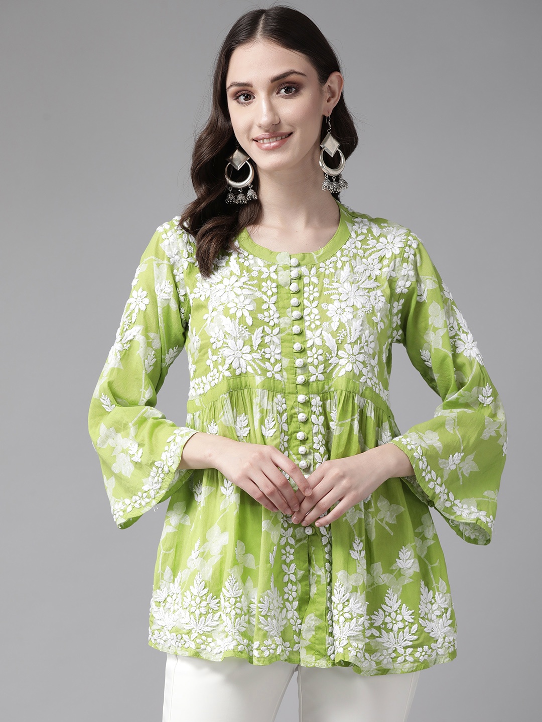 

ADA Floral Embroidered Chikankari Kurti, Green