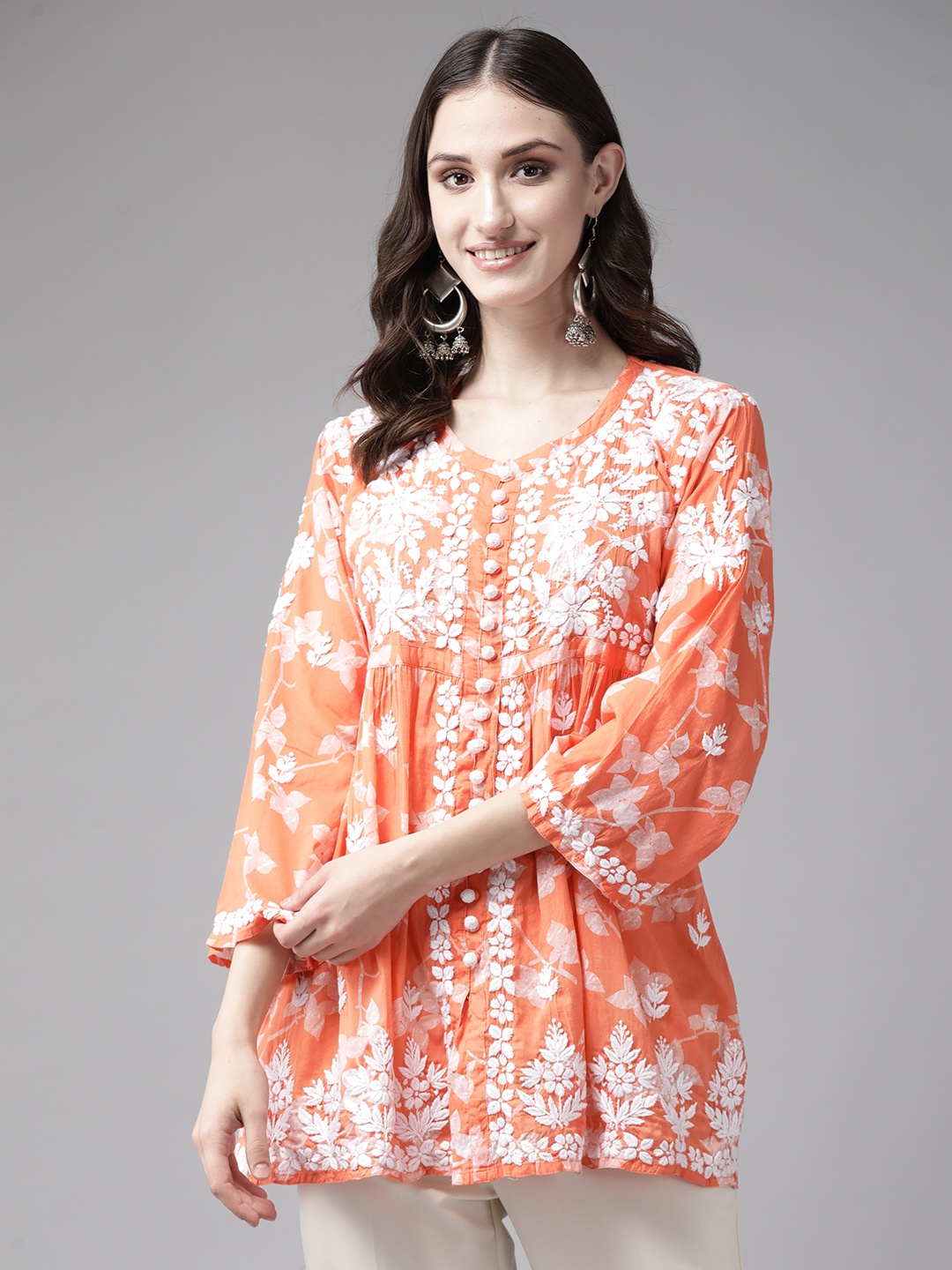 

ADA Floral Embroidered Chikankari Kurti, Orange