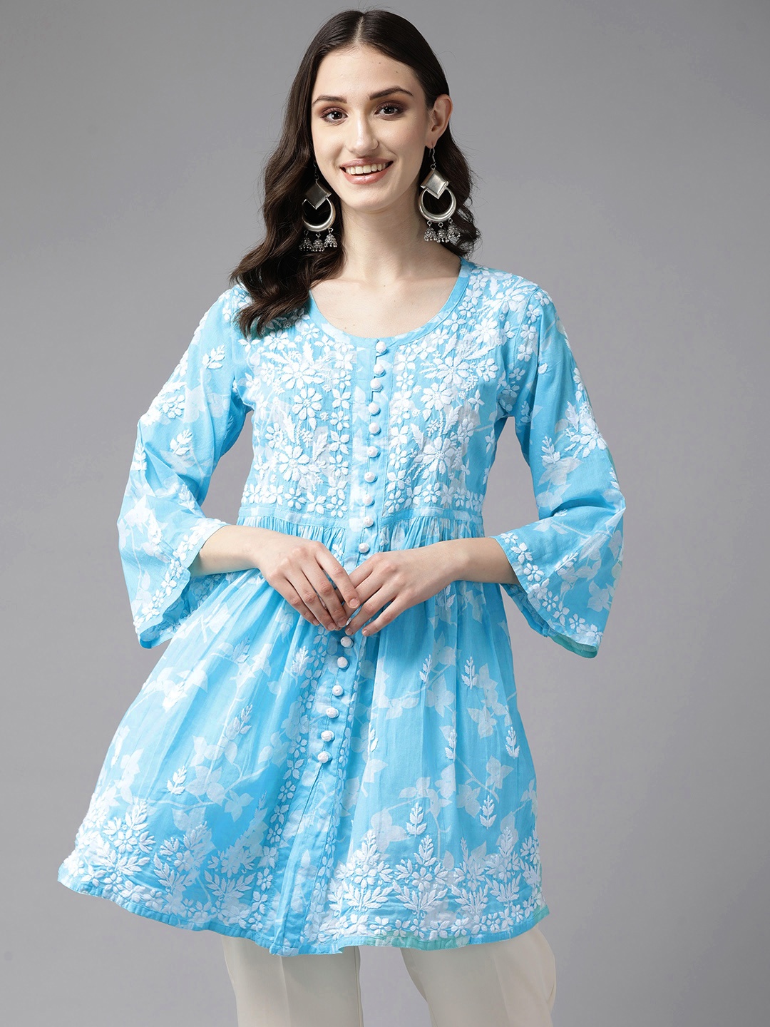 

ADA Floral Embroidered Chikankari Kurti, Blue
