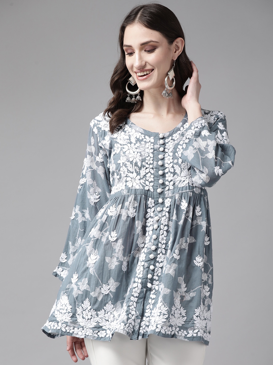 

ADA Floral Embroidered Chikankari Kurti, Grey