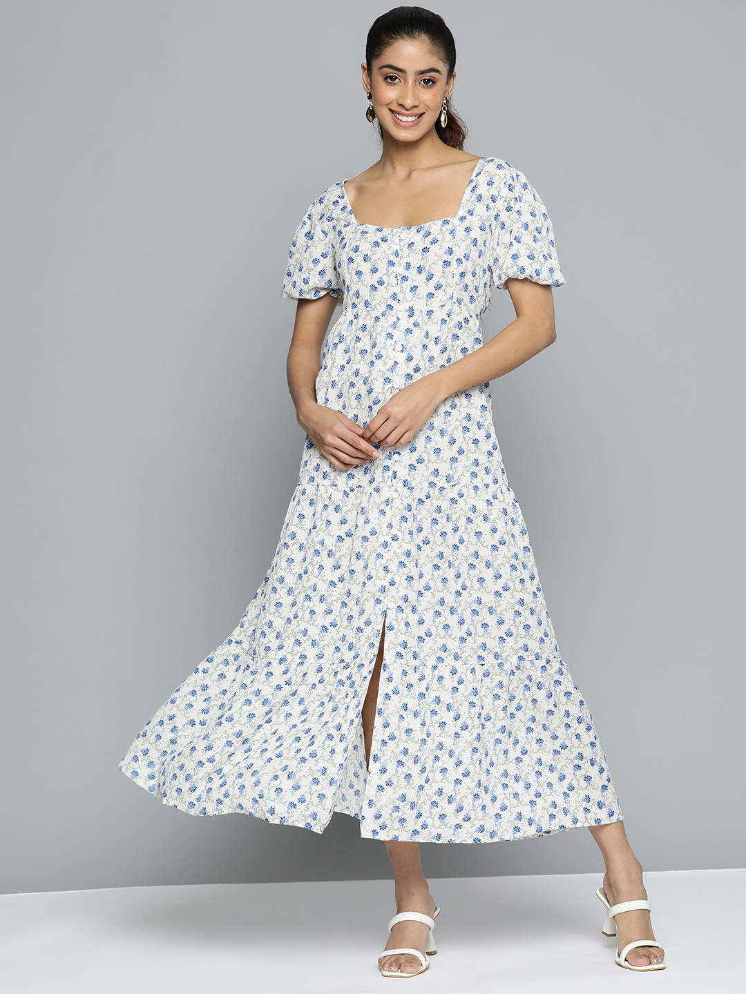 

HERE&NOW Floral Print Puff Sleeves Crepe A-Line Maxi Dress, White