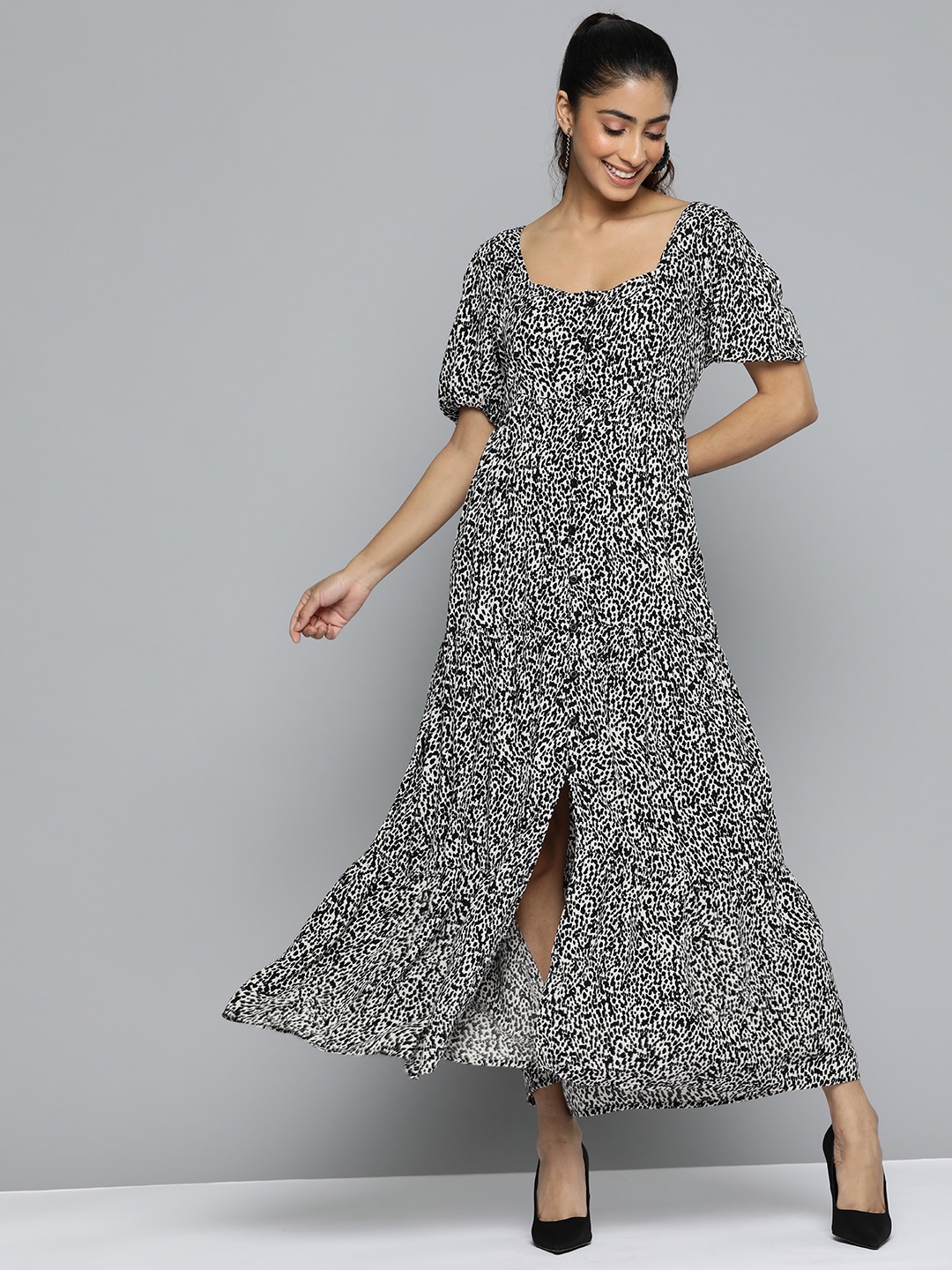 

HERE&NOW Animal Print Puff Sleeves A-Line Maxi Dress, White