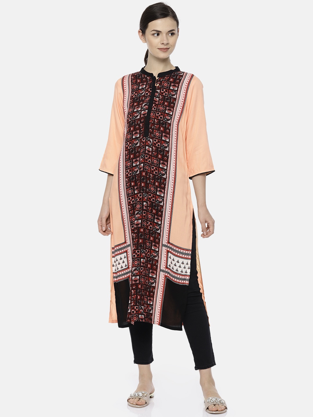 

AURELIA Women Peach-Coloured & Black Printed Straight Kurta