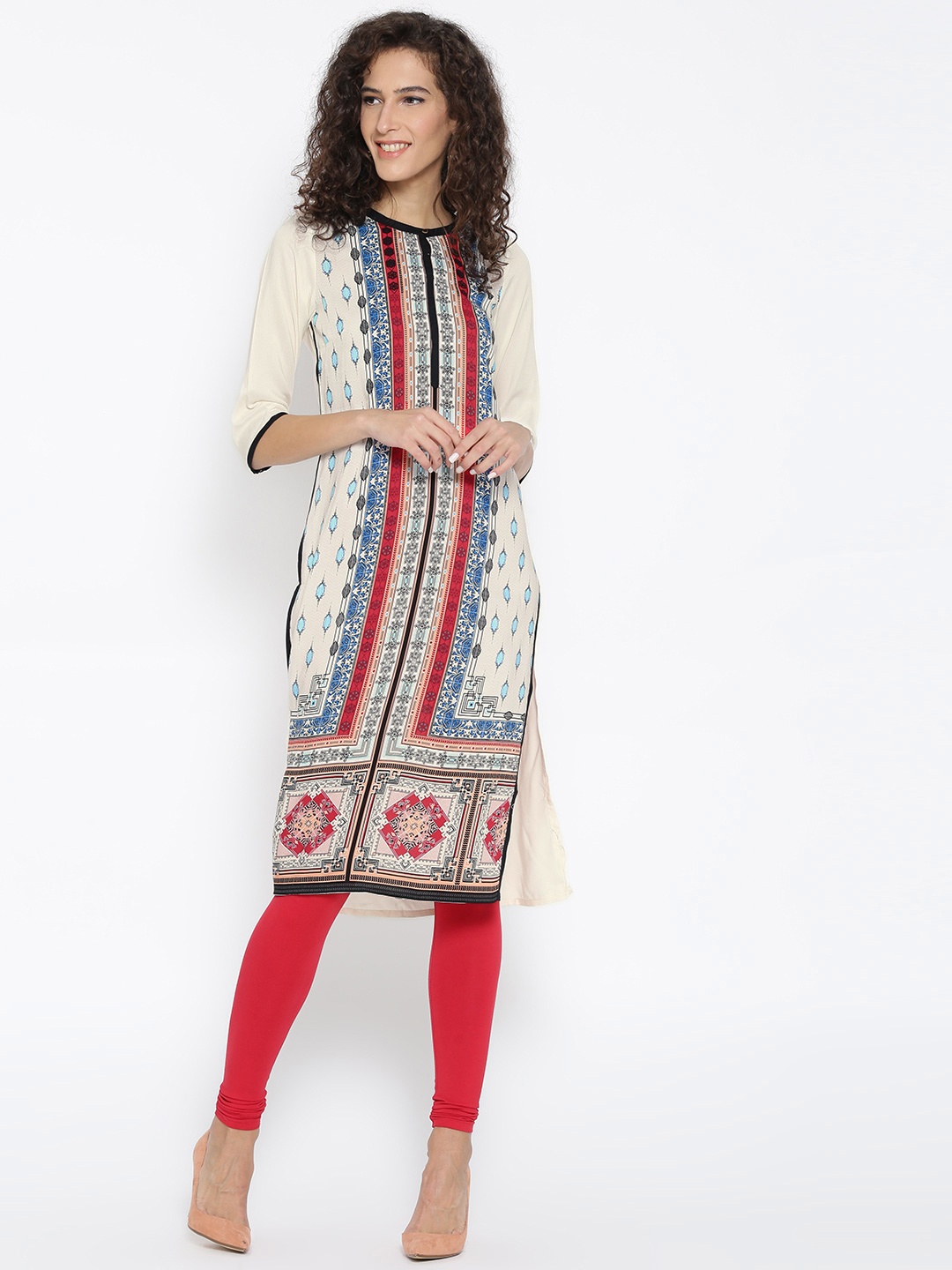 

AURELIA Women Off-White & Blue Printed Straight Kurta