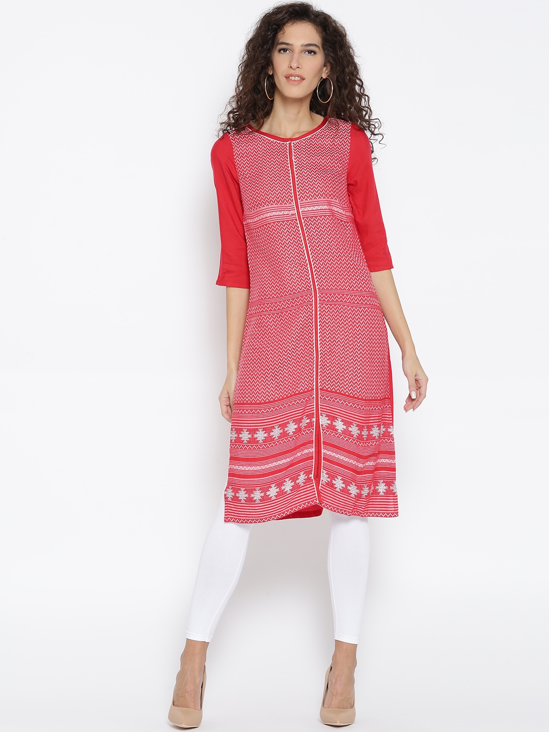 

AURELIA Women Red & White Woven Design Straight Kurta