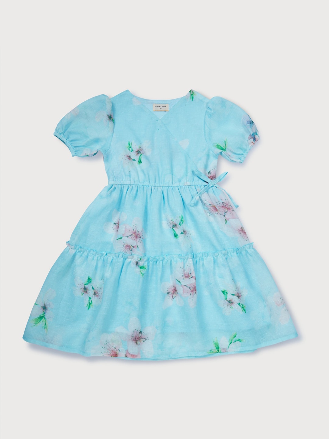 

Gini and Jony Girls Floral Printed Puff Sleeve Cotton Wrap Dress, Blue