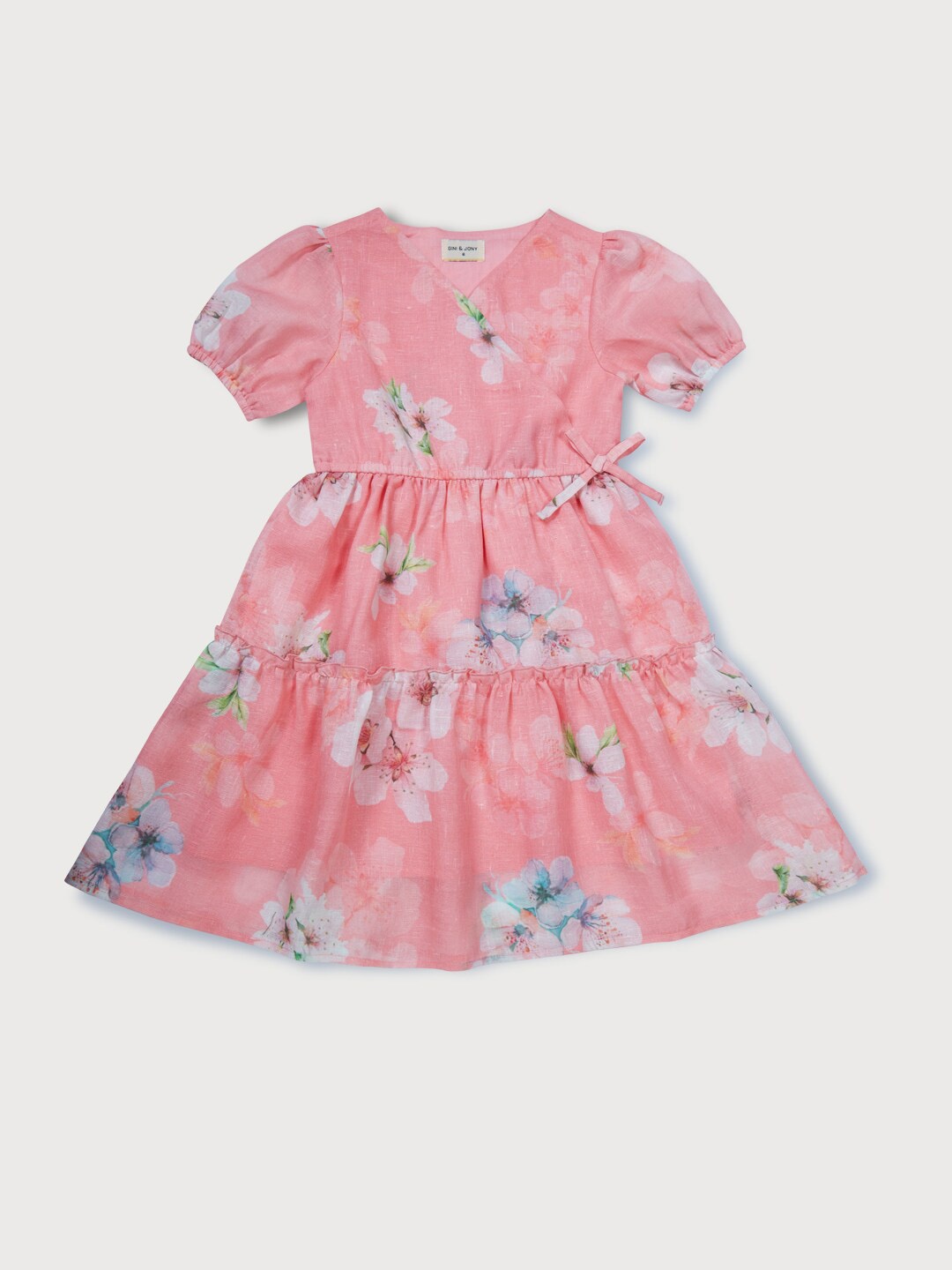 

Gini and Jony Girls Floral Printed Puff Sleeve Tiered Cotton Wrap Dress, Peach