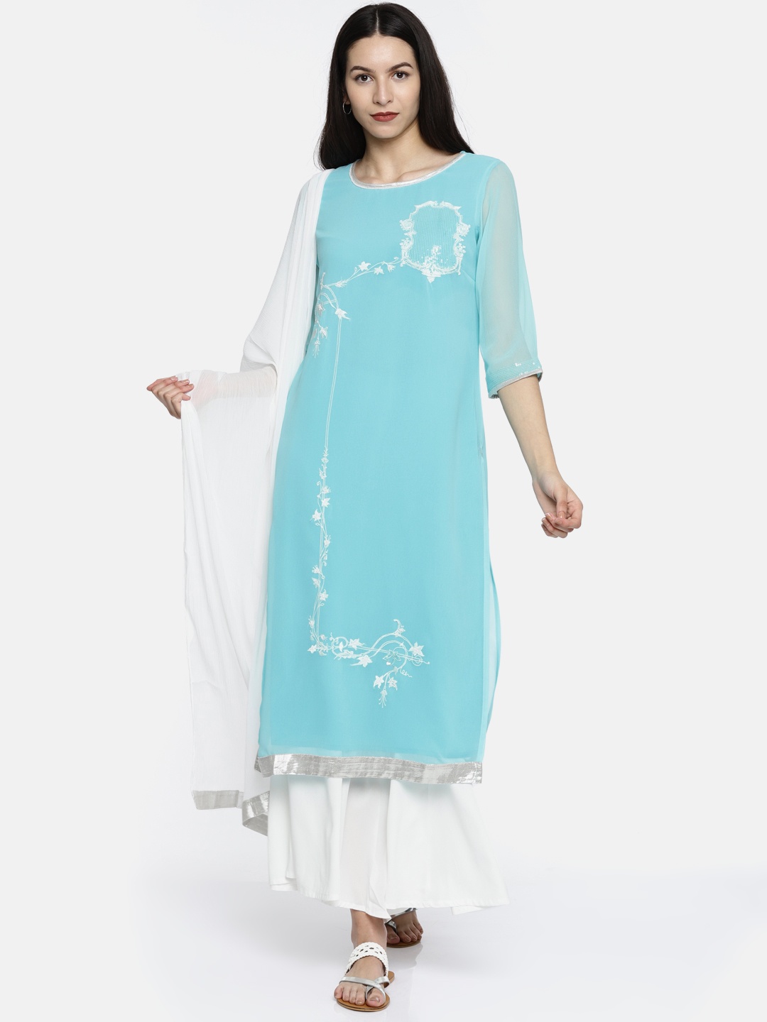 

AURELIA Women Blue & White Embroidered Kurta with Palazzos & Dupatta