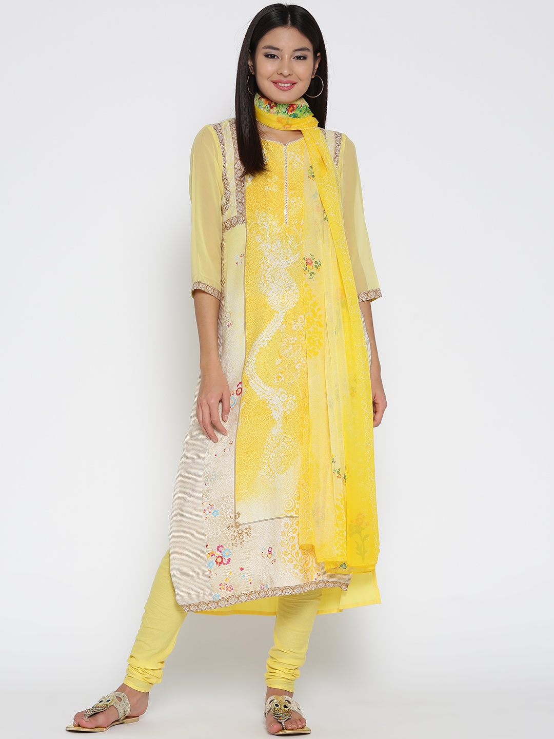 

AURELIA Women Yellow Printed Kurta with Churidar & Dupatta