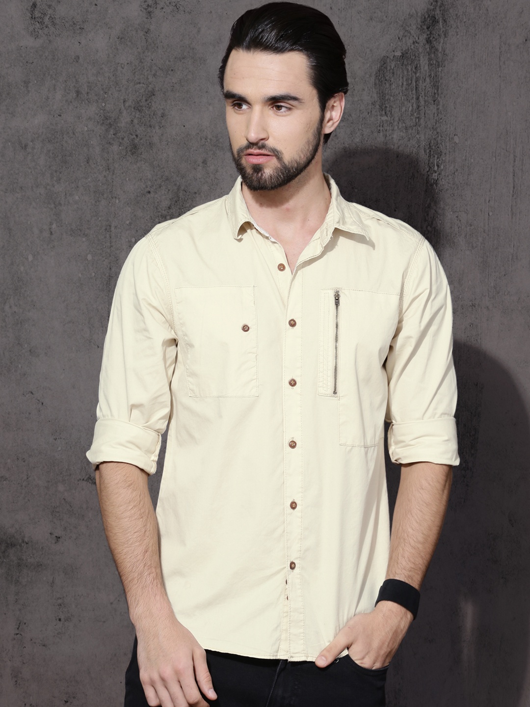 

Roadster Men Cream-Coloured Regular Fit Solid Casual Shirt